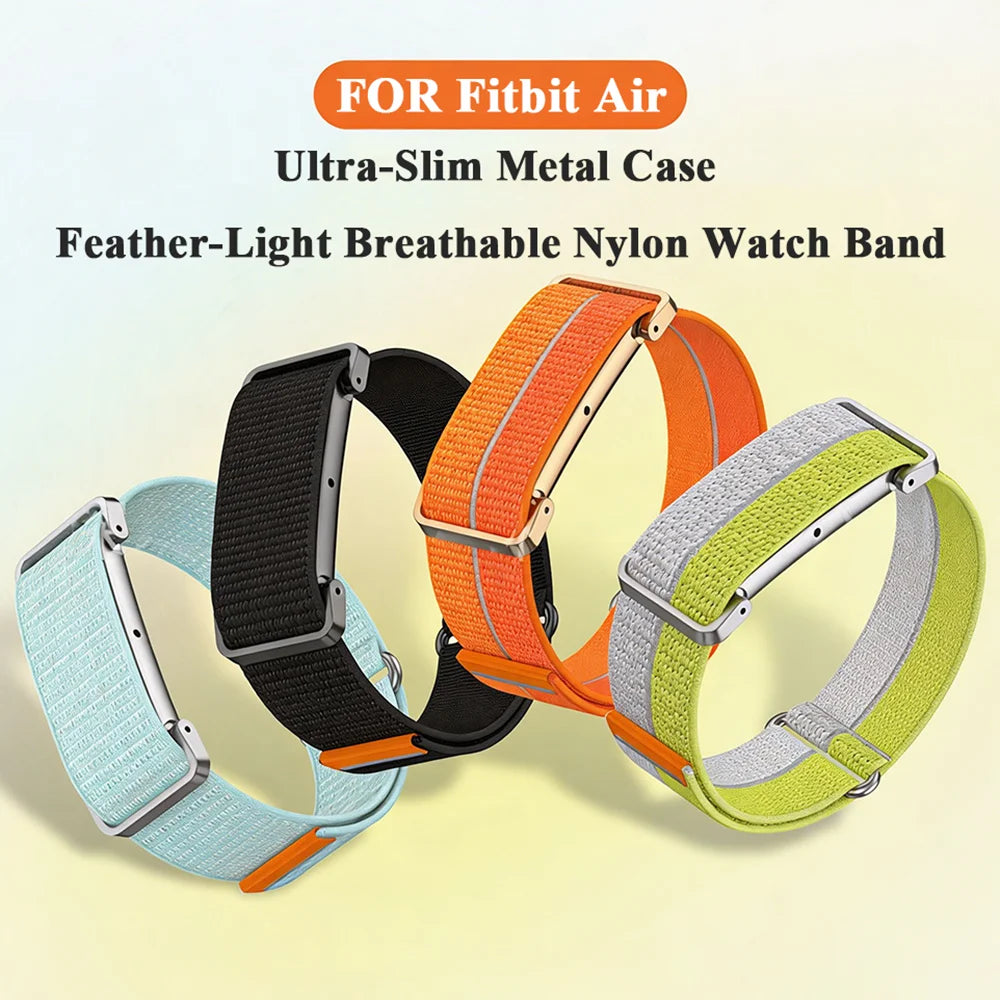Metal Protective Case Nylon Strap For Google Fitbit Air Ultra-Slim Feather-Light Breathable Quick Release Replacement Wrist Band